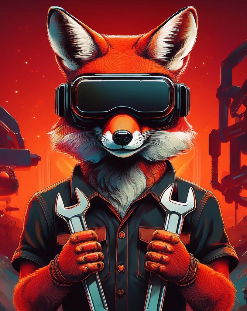 AI generated image of a fox wearing goggles and holding wrenches