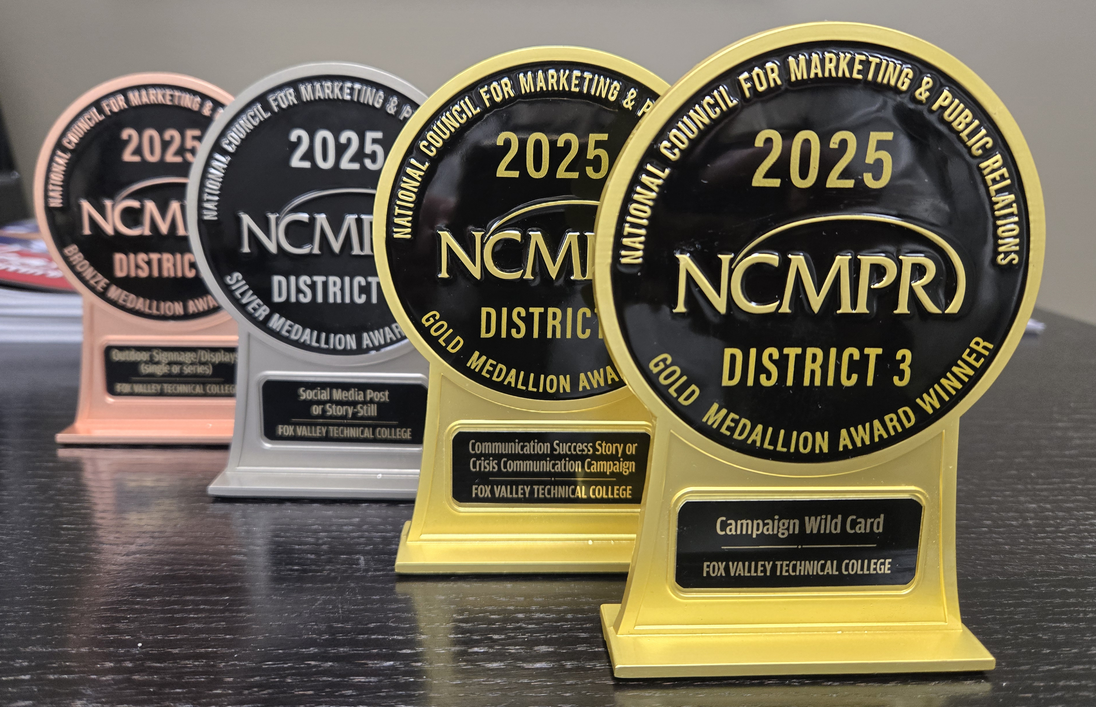 The Fox Valley Technical College Marketing team was recognized recently with four Medallion Awards at the National Council for Marketing and Public Relations (NCMPR) District 3 conference.