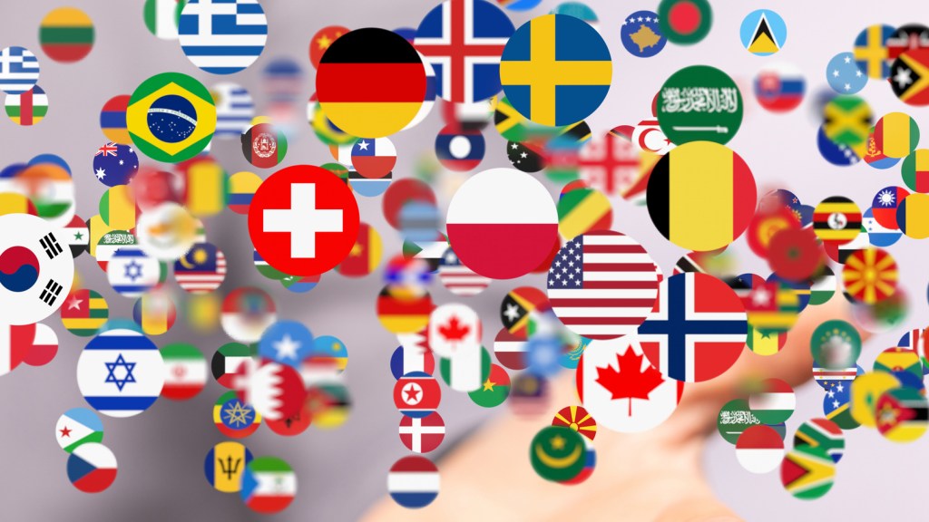 A 3D rendering of international flag display of various countries