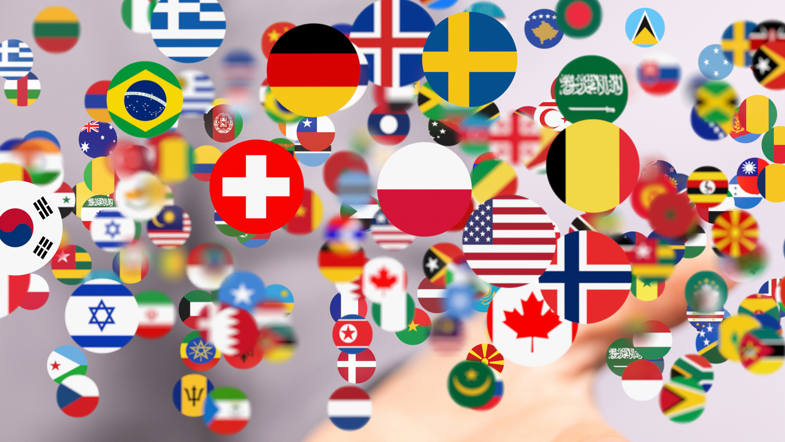 A 3D rendering of international flag display of various countries