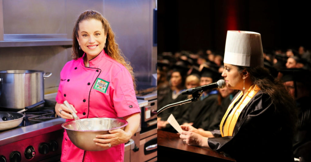 Chef stirring bowl on left and same person speaking to audience on right
